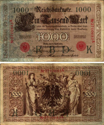 ГЕРМАНИЯ 1000 МАРОК 1910 КРАСНАЯ ПЕЧАТЬ, 7 ЦИФР В НОМЕРЕ Pick 44b бумага 6352-55-2-1