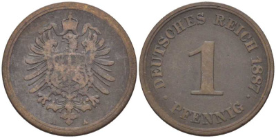 ГЕРМАНИЯ 1 ПФЕННИГ 1887 A, СТАРОГЕРБОВКА KM 1, J. 1, Weege 1 медь 206-1249
