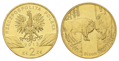 Польша 2 злотых 2013 серия сохраним природу, зубр Y 878 нордик UNC 3459-713