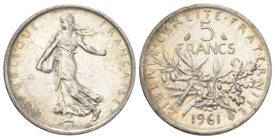 Франция 5 франков 1961 KM 926 серебро 4622-1135