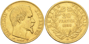 Франция 20 франков 1858 А, Наполеон III KM 781.1 золото 00-00