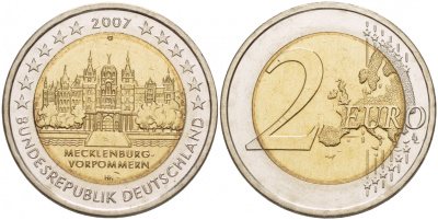 ФРГ 2 евро 2007 G, серия федеральные земли, Мекленбург-Передняя Померания, Шверинский замок KM 260 биметалл UNC 00-00