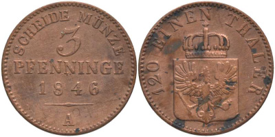 ПРУССИЯ 3 ПФЕННИГА 1846 А, ФРИДРИХ ВИЛЬГЕЛЬМ IV (1840-1861) KM 453 медь 117-421