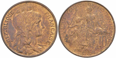 ФРАНЦИЯ 10 САНТИМОВ 1899 ТИП ДАНИЭЛЬ ДЮПЮИ KM 843, LA FRANC 136.8 бронза 109-132