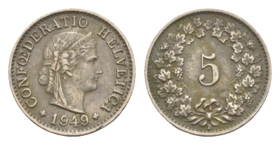 Швейцария 5 раппенов 1949 B KM 26 медно-никель 4643-332
