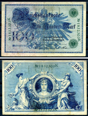 Германия 100 марок 1908 7 февраля 1908, выпуск конец 1916 - ноябрь 1918, зеленая печать Pick 34 бумага 8619-33-1-1