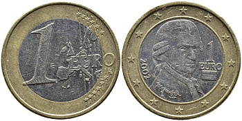 Австрия 1 евро 2002 Вольфганг Амадей Моцарт KM 3088 биметалл 4391-252