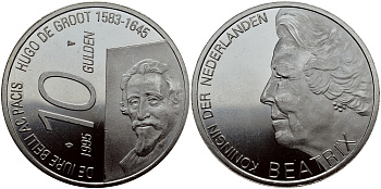 Нидерланды 10 гульденов 1995 300 лет со дня смерти Хьюго Грута, королева Беатрикс KM 220 серебро 1524-935
