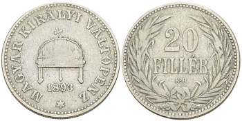 Венгрия 20 филлеров 1893 KB, Франц Иосиф I (1848-1916) KM 483 никель 117-757