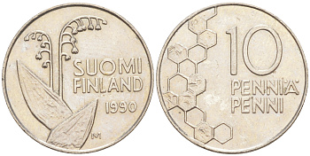 ФИНЛЯНДИЯ 10 ПЕННИ 1990 М, ЛАНДЫШ KM 65 медно-никель 4532-1062