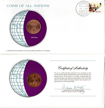 Португалия 1 эскудо 1979 конверт с маркой первого дня гашения, Coins of Nations KM 597 бронза UNC 4295-5-2