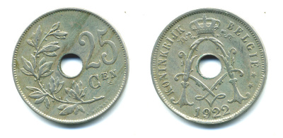 Бельгия 25 сантимов 1922 Belgie, Альберт I (1909-1934) KM 69 медно-никель 4385-537
