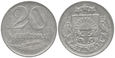 Латвия 20 сантимов 1922 первая Республика (1918-1939) KM 5 никель 28-1213