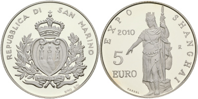 Сан-Марино 5 евро 2010 Экспо Шанхай-2010, в оригинальной коробке с сертификатом KM NEW серебро PROOF 2-5-2-13