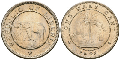 Либерия 1/2 цента 1941 KM 10a медно-никель UNC 4174-332