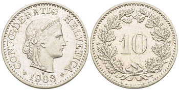 ШВЕЙЦАРИЯ 10 РАППЕНОВ 1983 KM 27 медно-никель 4529-724