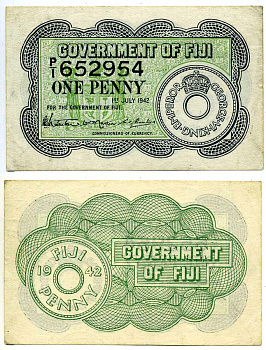 Фиджи 1 пенни 1942 1 июля 1942 Pick 47а бумага XF+ 451-450-1