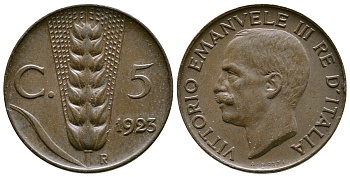 ИТАЛИЯ 5 ЧЕНТЕЗИМО 1923 R, ВИКТОР ИМАНУИЛ III KM 59 медь 4381-554
