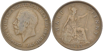 Великобритания 1/2 пенни 1933 Георг V (1910-1936) KM 837, Spink 4058 бронза 4514-1136