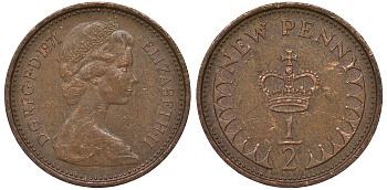 Великобритания 1/2 пенни 1971 Елизавета II (1952-2022) KM 914, Spink 4239 бронза 4124-558