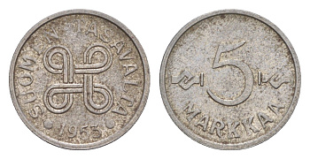 Финляндия 5 марок 1953 KM 37 железо 4636-432