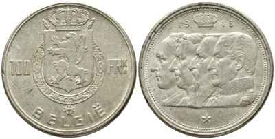 Бельгия 100 франков 1949 Belgie, королевская династия KM 139.1 серебро 1526-1323