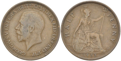 Великобритания 1/2 пенни 1933 Георг V (1910-1936) KM 837, Spink 4058 бронза 4514-1136