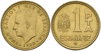 Испания 1 песета 1980 (81) Чемпионат мира по футболу в Испании 1982, Хуан Карлос I (1975-2014) KM 816 алюминиевая бронза 4189-865