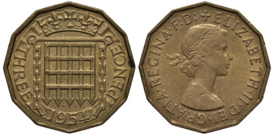 Великобритания 3 пенса 1954 Елизавета II (1952-2022) KM 900, Spink 4153 никель латунь 4538-1126