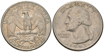 США 25 центов = квотер = 1/4 доллара 1993 P, Джордж Вашингтон KM 164a медь плакированная медно-никелем 216-746