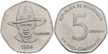 Никарагуа 5 кордоба 1984 KM 44a, Schoen 46a сталь плакированная никелем 4118-117