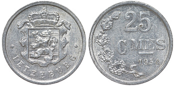 Люксембург 25 сантимов 1954 KM 45a.1 алюминий 4164-349