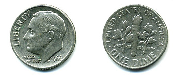 США 10 ЦЕНТОВ = 1 ДАЙМ 1966 РУЗВЕЛЬТ KM 195а медь плакированная медно-никелем 76-238