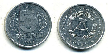 ГДР 5 ПФЕННИГОВ 1988 A алюминий 62-2254