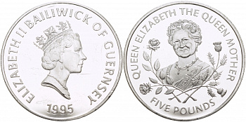 Гернси 5 фунтов 1995 Королева Елизавета, королева мать, царапинки на поле KM 66a серебро PROOF 1078-4-12