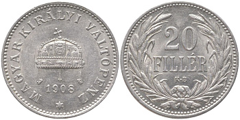 Венгрия 20 филлеров 1908 KB, Франц Иосиф I (1848-1916) KM 483 никель UNC 4147-933