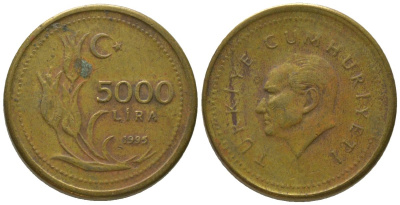 Турция 5000 лир 1995 Мустафа Кемаль Ататюрк KM 1029.1 латунь 4561-1237