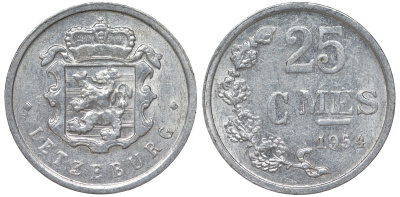 Люксембург 25 сантимов 1954 KM 45a.1 алюминий 4164-349