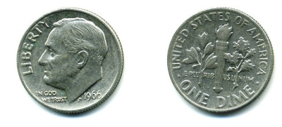 США 10 ЦЕНТОВ = 1 ДАЙМ 1966 РУЗВЕЛЬТ KM 195а медь плакированная медно-никелем 76-238