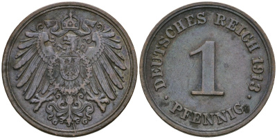 Германия 1 пфенниг 1913 G, Вильгельм II (1888-1918) KM 10, J. 10 медь 4608-243