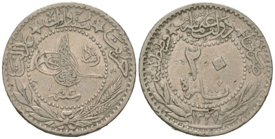 Турция 20 пара 1909 AH 1327, Османская империя, Султан Мехмед V (1909 - 1918) KM 761 никель 4615-331