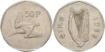Ирландия 50 пенсов 1988 Вальдшнеп KM 24 медно-никель 4140-411