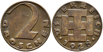 АВСТРИЯ 2 ГРОША 1928 ДОВОЕННАЯ ДЕСЯТИЧНАЯ ЧЕКАНКА KM 2837 бронза 4396-1112