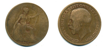 Великобритания 1 пенни 1919 Георг V (1910-1936) KM 810, Spink 4051 бронза 41-244