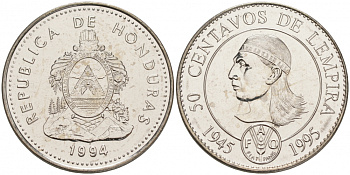 Гондурас 50 сентаво 1994 50 лет FAO, бюст касика Лемпира KM 88 сталь плакированная никелем UNC M22-01