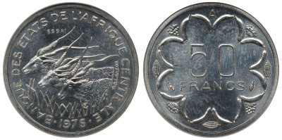 Валютный союз стран центральной Африки 50 франков 1976 проба, essai, слаб ANACS, грейд MS 66 KM E8 (KM 11) никель UNC 1-4-4-12