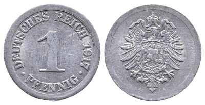 Германия 1 пфенниг 1917 A KM 24, J. 300, Weege 2 алюминий 4380-127