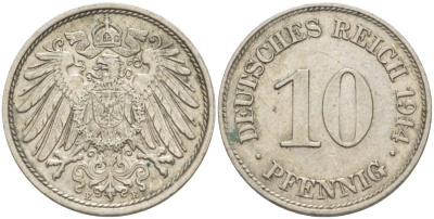 Германия 10 пфеннигов 1914 E KM 12, Jager 13, Weege 8 медно-никель 219-242