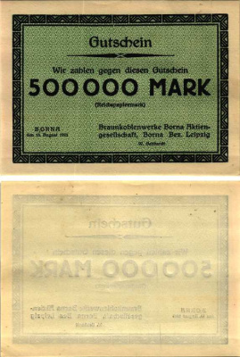БОРНА 500000 МАРОК 1923 НОТГЕЛЬД, 15 АВГУСТА 1923, ЗЕМЛЯ САКСОНИЯ Keller 538a бумага 6300-34-1-1