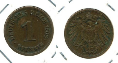 ГЕРМАНИЯ 1 ПФЕННИГ 1908 G KM 10, J 10 медь 701-324